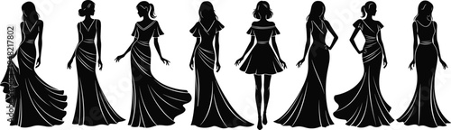 Fashion silhouette illustration, elegant women dress artwork, evening gown vector design, stylish outfit concept, decorative fashion artwork, feminine clothing illustration