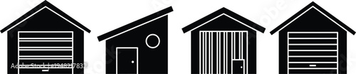 Black and white garage icons set featuring gable roof, slanted roof, segmented roll-up doors, and vertical slat doors, symbolizing architecture, construction, home, and storage design.