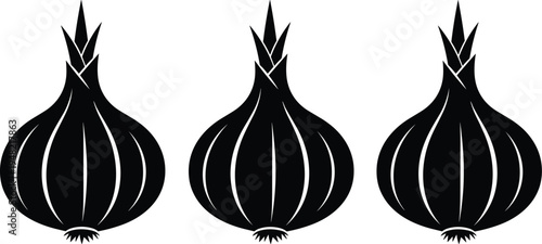 Black and white onion icons set featuring stylized bulbs with roots and shoots, symbolizing agriculture, food, farming, vegetables, cooking, and organic produce design.