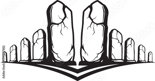 Monolith stone formation with cracked rock textures and mysterious ancient ruins style for fantasy landscape concepts and game environment