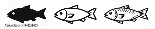 Fish Icon Set. Seafood animal symbol, marine life graphic in outline, silhouette, and hand-drawn styles.
