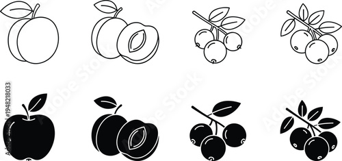 Black and white fruit icons set featuring peach, half peach with pit, and berry clusters, symbolizing food, nutrition, nature, agriculture, and healthy lifestyle design illustration.