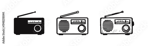 Radio receiver icon set. Vintage and modern broadcast and music player symbols in solid, outline, and hand-drawn styles.