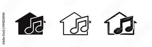 Music at Home Icon Set - Solid, Outline, and Doodle Styles. House with Musical Notes Symbol, Home Studio.
