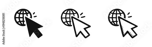 Internet Globe and Mouse Cursor Icons - Global Connection and Web Browser Symbol Set