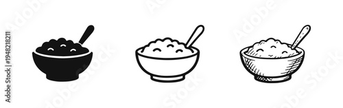 Cereal or Oatmeal Bowl Icon Set: Breakfast Food with Spoon in Silhouette, Outline, Hand-Drawn Styles