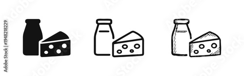 Dairy Products Icon Set: Milk Bottle and Cheese in Silhouette, Outline, and Hand-Drawn Styles