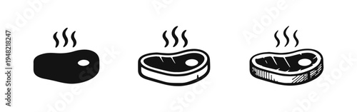 Sizzling Steak Icon Set. Grilled beef food symbol, hot steak graphic in outline, silhouette, and hand-drawn styles.