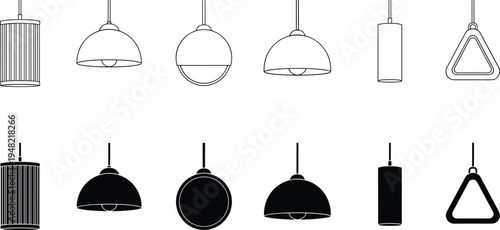 Black and white pendant light icons set featuring cylindrical, dome, spherical, and triangular fixtures, symbolizing interior design, architecture, home decor, and modern lighting illustration.