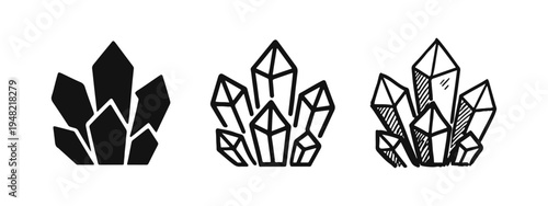 Crystal Cluster Icon Set. Gemstone mineral graphic for magic and healing stones in different styles.