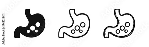 Human stomach icon set in various styles, symbolizing digestion and gastrointestinal health.