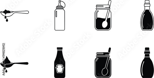 Black and white condiment icons set featuring spoon, squeeze bottle, jar, and sauce bottle, symbolizing kitchen, food packaging, cooking, condiments, and culinary design.