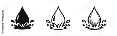 Water drop with splash icons set in diverse styles, symbolizing liquid and purity.