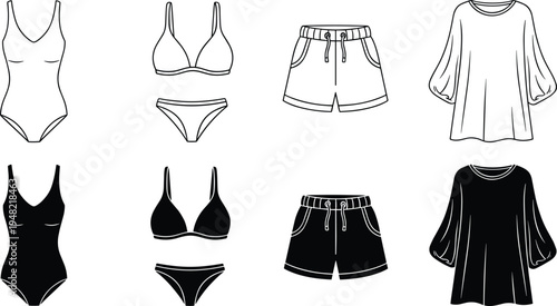 Black and white fashion icons set featuring swimsuit, bikini, shorts, and blouse, symbolizing clothing design, apparel, summer wear, and retail fashion illustration.