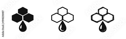 Honeycomb and Honey Drop Icon Set in Solid, Outline, and Hand-Drawn Styles