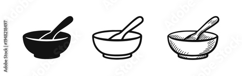 Bowl with Spoon Icon Set in Solid, Outline, and Hand-Drawn Sketch Styles