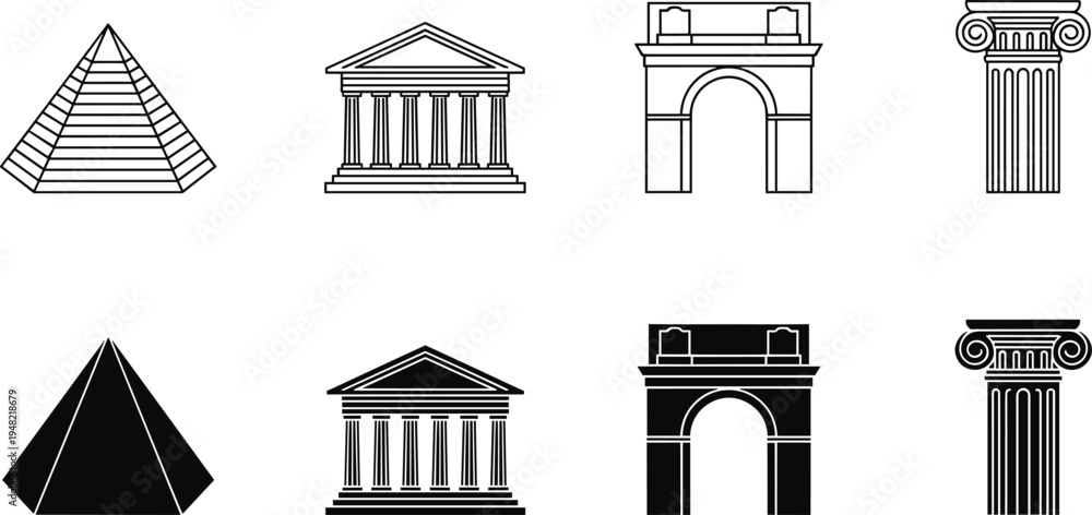 Fototapeta premium Black and white classical architecture icons set featuring pyramid, Greek temple, triumphal arch, and Ionic column, symbolizing history, culture, heritage, and ancient design illustration.