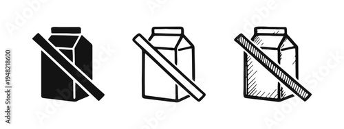 No milk or dairy-free symbol icon set in solid, outline, and hand-drawn styles
