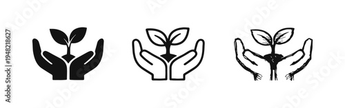 Hands holding a growing plant icon set for nature and environmental care