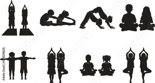 Family Yoga Silhouette Icon Set – Parents and Child Bonding, Parenting and Family Relationship Vector Collection