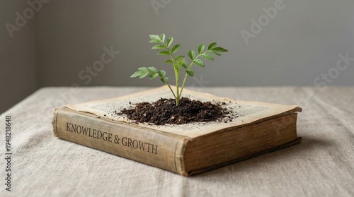 Green Plant Sprouting from Old Book with 'Knowledge & Growth' Text, Symbolizing Education and Personal Development