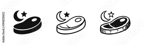 Dinner meat steak with crescent moon and star icon set for evening meal