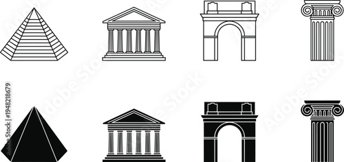 Black and white classical architecture icons set featuring pyramid, Greek temple, triumphal arch, and Ionic column, symbolizing history, culture, heritage, and ancient design illustration.
