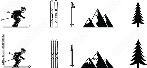 Black and white skiing icons set featuring skier, skis, ski pole, mountain range, and pine tree, symbolizing winter sports, outdoor adventure, travel, and recreation design illustration.