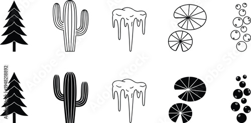 Black and white icons set featuring pine tree, cactus, icicles, citrus slices, and bubbles, symbolizing nature, environment, food, and abstract design illustration.