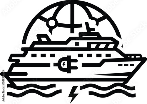 ferry boat icon with compass and lightning