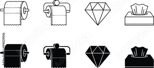 Black and white bathroom icons set featuring toilet paper rolls, tissue box, and diamond shape, symbolizing hygiene, household, luxury, and abstract design illustration.