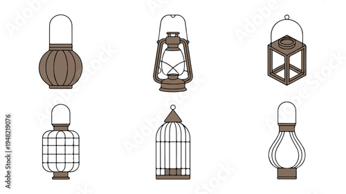 Set of vintage lanterns and cages with glass covers  decorative lighting fixtures