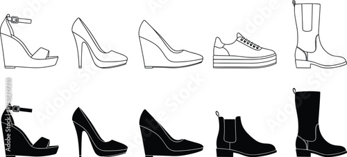 Black and white shoe icons set featuring wedge sandal, high-heeled pump, closed-toe wedge, sneaker, and mid-calf boot, symbolizing footwear, fashion, apparel, and retail design.