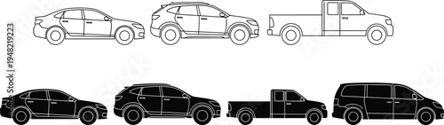 Black and white vehicle icons set featuring sedan, SUV, pickup truck, and minivan silhouettes, symbolizing transportation, automotive design, car classification, and mobility concepts.