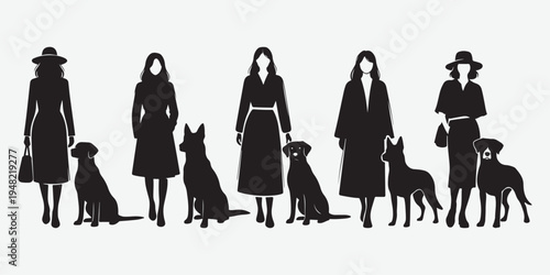 Black silhouette women walking with dogs collection stylish pet owner illustrations vector