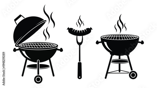 Black and white illustration of barbecue grills and sausage fork for outdoor cooking and grilling