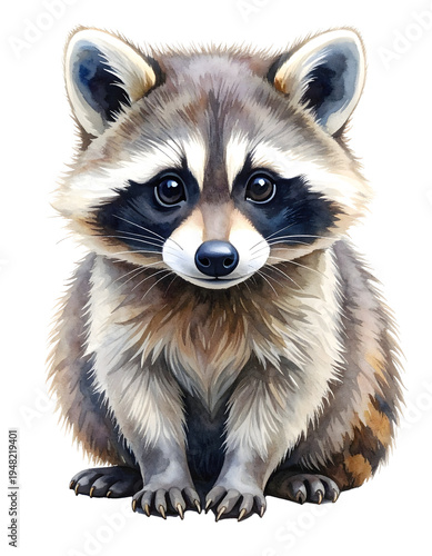 Gray and white raccoon. Isolated transparent background