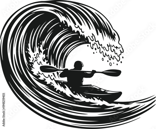 Silhouette illustration of a kayaker paddling through a large ocean wave in a dynamic watersport scene