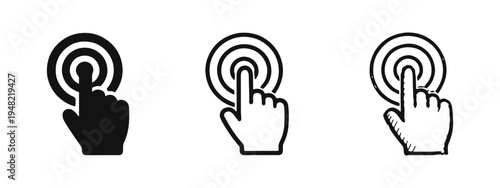 Tap Gesture Icon Set. Hand Finger Touching Screen with Concentric Rings. UI/UX Element for Interactive Devices