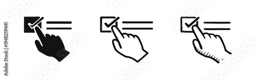 Checkbox Click Icon Set. Hand Finger Tapping on Checkmark Box. UI/UX Element for Task Confirmation and Selection