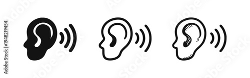 Ear Listening Icons - Sound Waves Emitting from Ear in Solid, Outline, and Doodle Styles