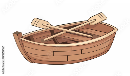Cute Cartoon Wooden Fishing Boat with Paddles Flat Vector Illustration Isolated on White Background