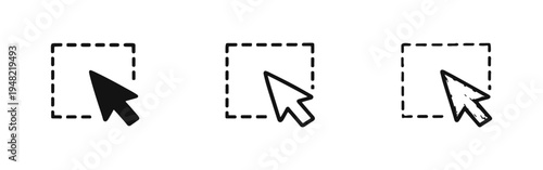 Select Area Icon Set. Mouse Cursor Dragging a Dashed Selection Box. UI/UX Element for Digital Interaction