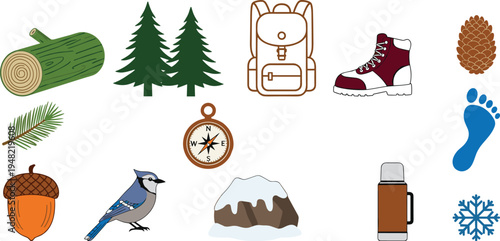 Black and white outdoor adventure icons set featuring trees, backpack, hiking boot, compass, mountain, bird, acorn, pine cone, snowflake, and thermos, 