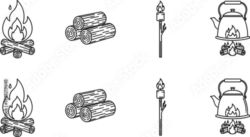 Black and white camping icons set featuring campfire, logs, marshmallow roasting, and kettle, symbolizing outdoor cooking, adventure, survival, and nature lifestyle design.
