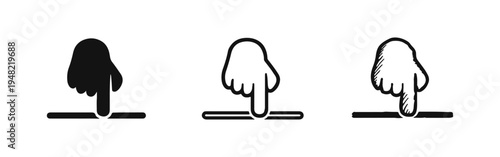 Hand pointing down icon set. Tap or press gesture glyph, outline, and hand-drawn sketch style symbols. User interface element.