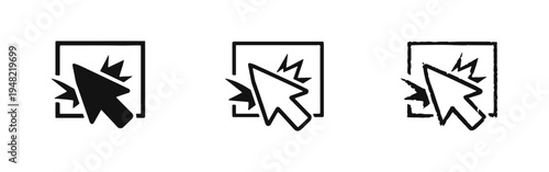 Click Interaction Icons - Cursor Tapping Framed Area with Burst Effect in Solid, Outline, and Doodle Styles