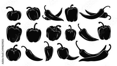 Assorted collection of black silhouettes of various pepper and chili peppers on white background
