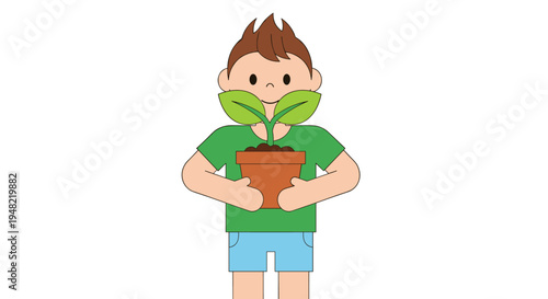 Boy Holding Small Potted Plant.