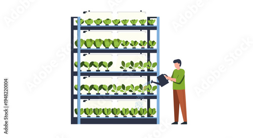Man standing beside a hydroponic plant shelf.